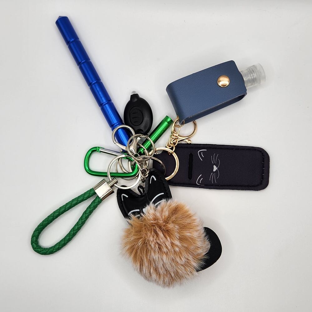 Faux Cat Keychain Set with Lip Balm Holder, Safety Tools, and Accessories